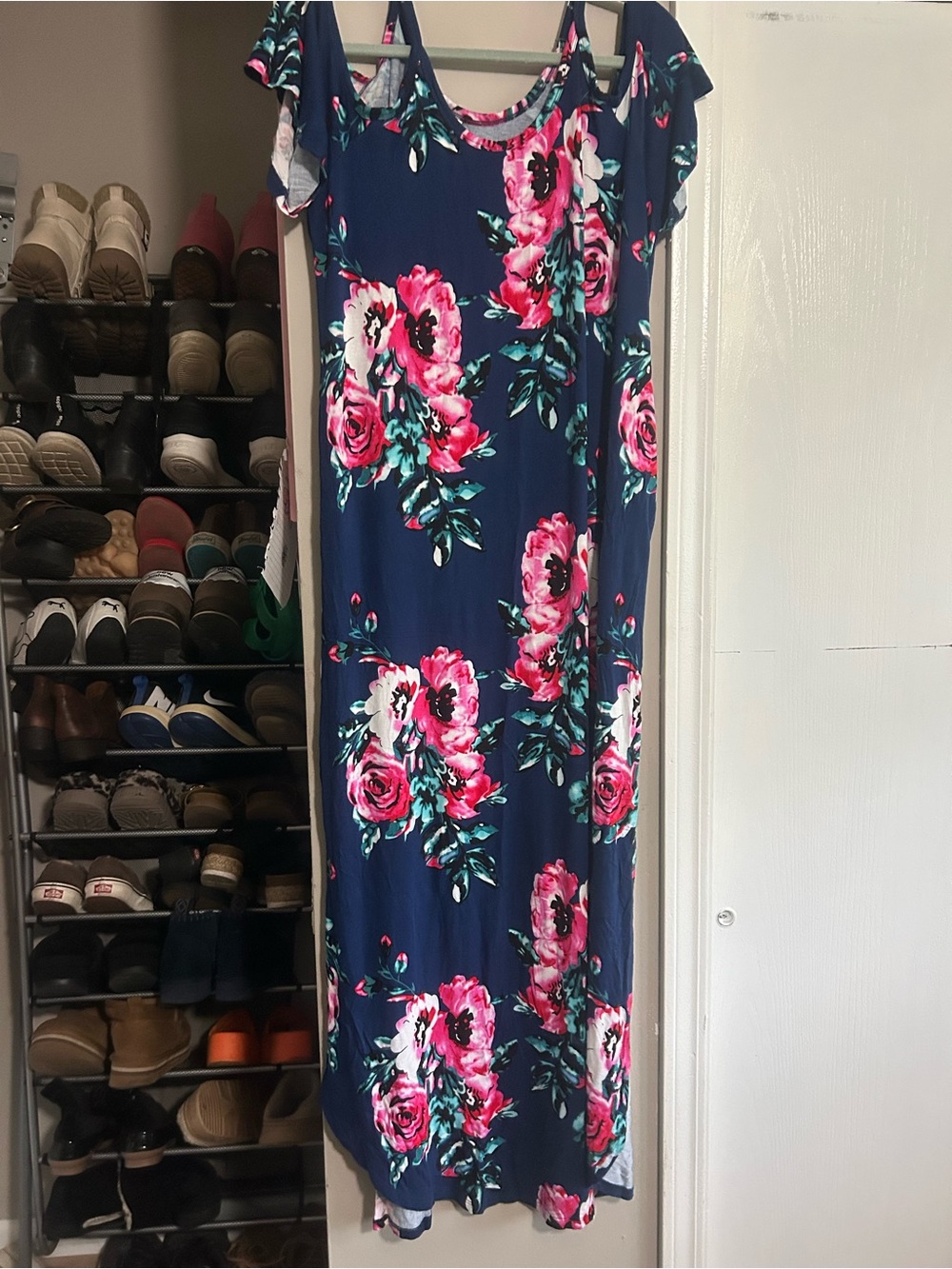 Floral Cold-Shoulder Maxi Dress in Navy and Pink